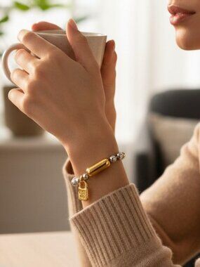 UNO de 50 Silver Beaded Bracelet with Gold Accent and Tag M